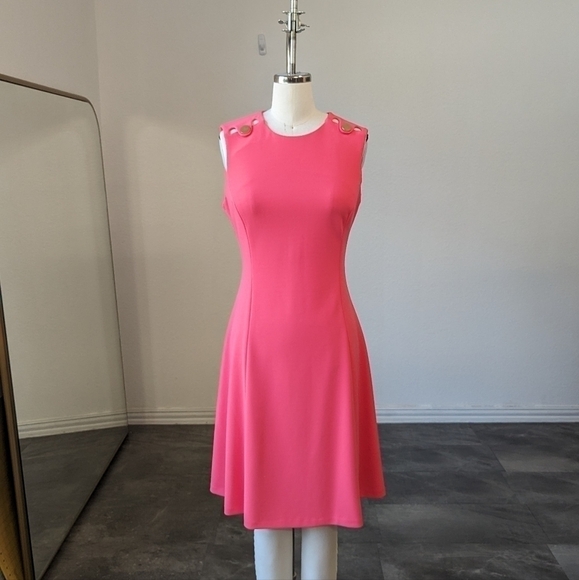 Calvin Klein Button Shoulder A Line Dress Coral 6 preppy business casual party - Picture 1 of 8